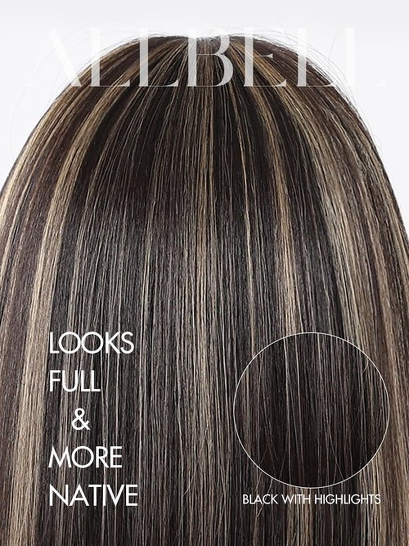 Allbell 12Inch Yaki Straight Bob Wig with Bangs Synthetic Hair Black with Blonde Highlights Bob Wig Ready to Go Short Wigs for Women