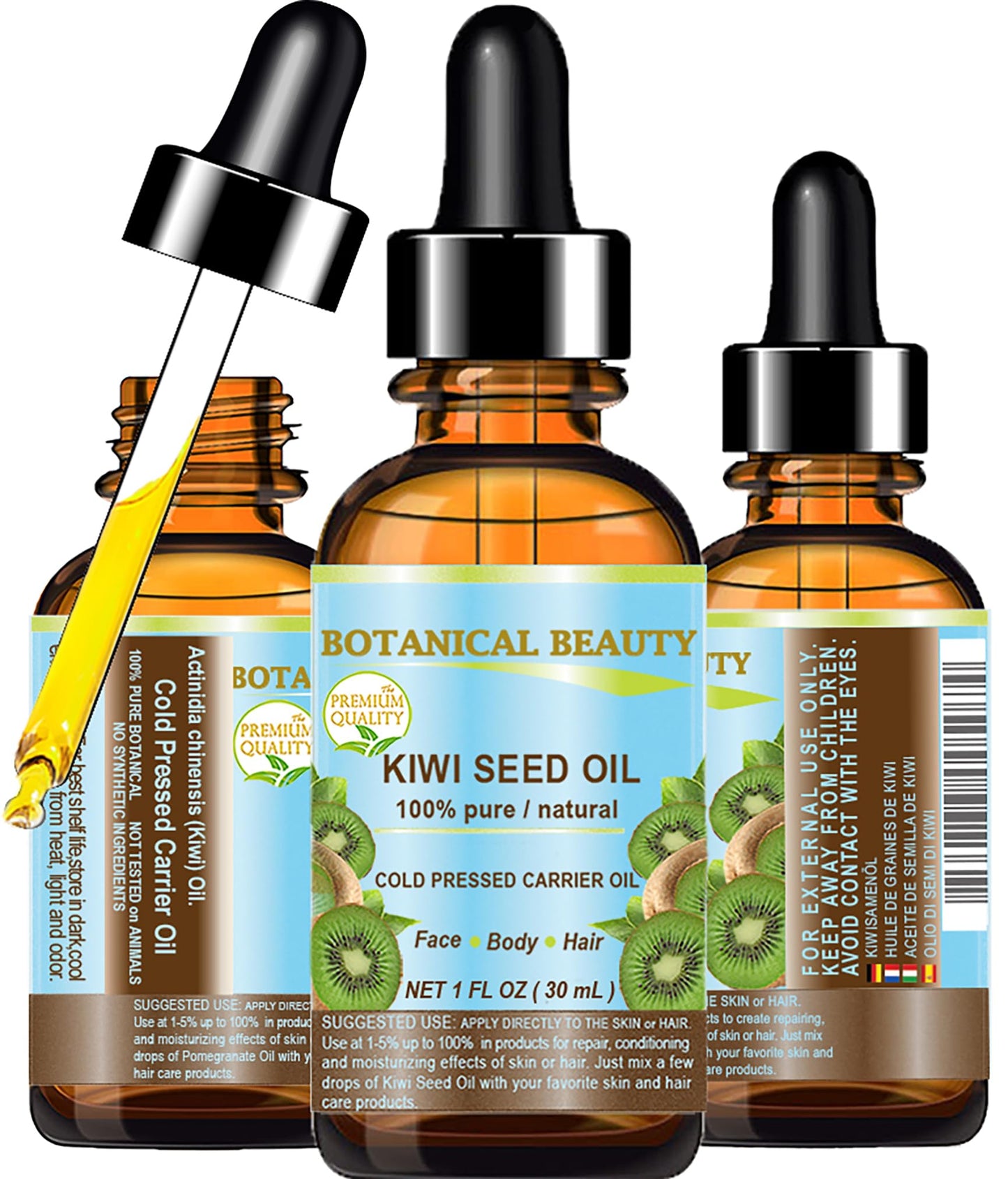 Botanical Beauty KIWI SEED OIL. 100% Pure Natural Undiluted Virgin Cold Pressed Carrier Oil for Face, Skin, Body, Hair, Nail Care (1 Fl Oz)