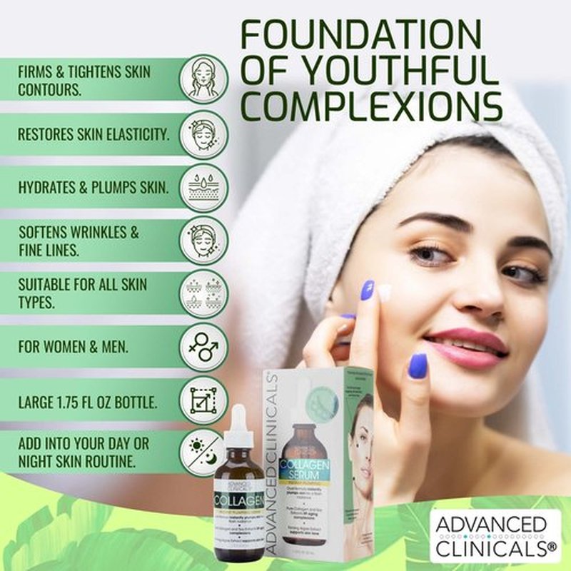 Advanced Clinicals Collagen Serum For Face | Collagen Face Serum For Skin Tightening Helps Lift, Plump & Firm Sagging Skin | Serums For Skin Care | Anti Wrinkle Boost, Fragrance Free, 1.75 Fl Oz, 2PC