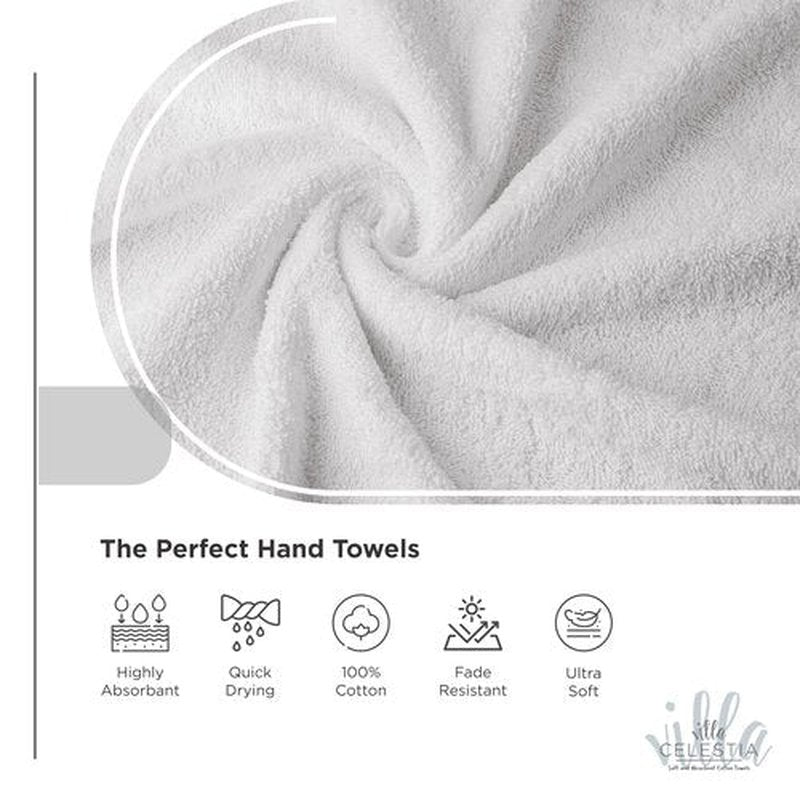 Villa Celestia 100% Cotton Hand Towel Set of 2, (16 x 28 inches) Sustainable, Soft, Highly Absorbent, Quick Drying, Combed Cotton Hand Towels Pack of 2 Ideal for Hotels, Spa, Bathroom, Dorm, White