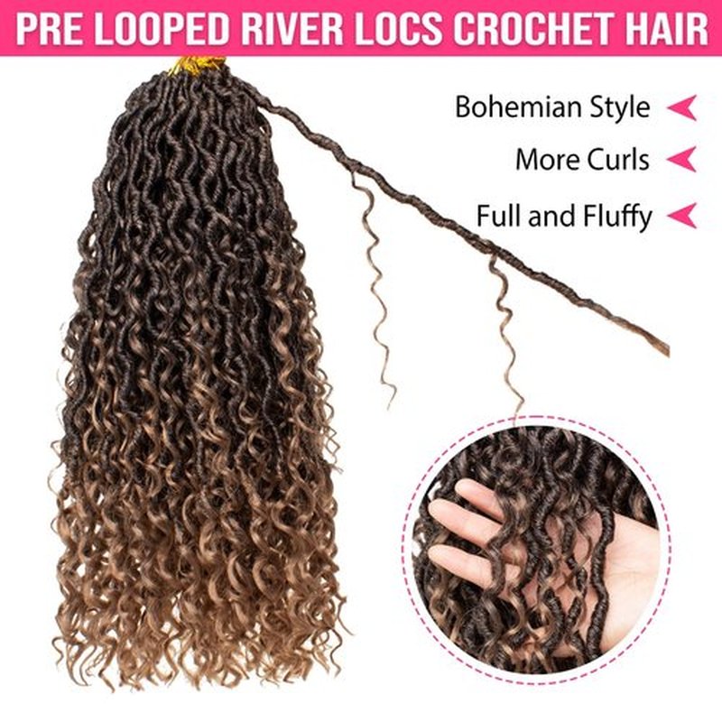 RuiYok 8 Packs Goddess Locs Crochet Hair 12 Inch Ombre Curly Faux Locs Crochet Hair Pre-looped Soft River Locs Crochet Braids Boho Hippie Locs Synthetic Hair Extensions(T27#)