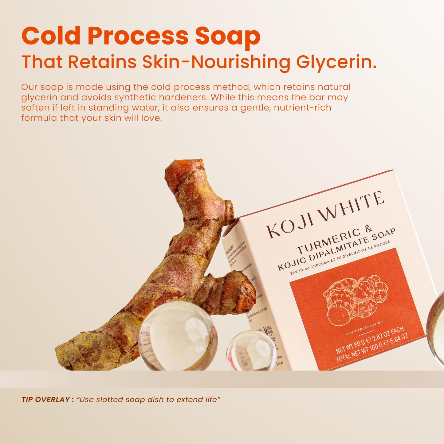 Koji White Turmeric Kojic Acid Soap, Unscented Soap for Sensitive Skin, Uneven Skin Tone, Smooth Skin for Face & Body-Acne with Shea Butter - Vegan, Fragrance-Free, Hypoallergenic, 2.82 oz (2 Bars)