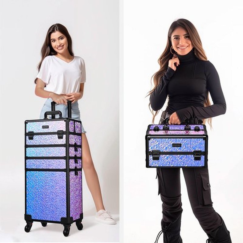 BYOOTIQUE Rolling Makeup Train Case 4in1 Cosmetic Trolley Organizer Travel Case Lockable Salon Barber Case Traveling Cart Trunk with Wheels for Makeup Artist Trave Nail, Mermaid Purple