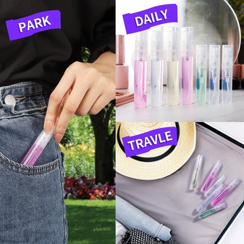 FANDAMEI 60PCS Mini Spray Bottle, 30PCS 3ml Mini Clear Plastic Spray Bottle Empty with 30PCS 5ml Fine Mist Refillable Mini Perfume Bottle. Small Empty Sample Containers Bottle. 3ml/5ml, 60 Pack, Clear