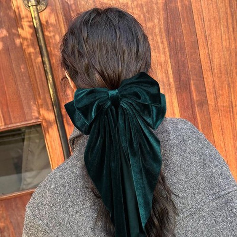 Green Velvet Large Hair Bow Long Tail Bowknot Hair Barrette Clip 8.26 Inch Women Girls Fall Winter Ponytail Holder Hair Accessories
