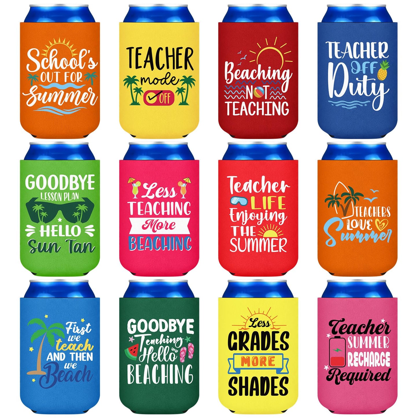 SiliFine 12 Pcs Teacher Appreciation End of Year Gifts for Teacher Summer Can Cooler Sleeves Can Cover Insulated Bulk Thank You Gifts Beach Tropical Summer Hawaiian Party Decorations Supplies Favors