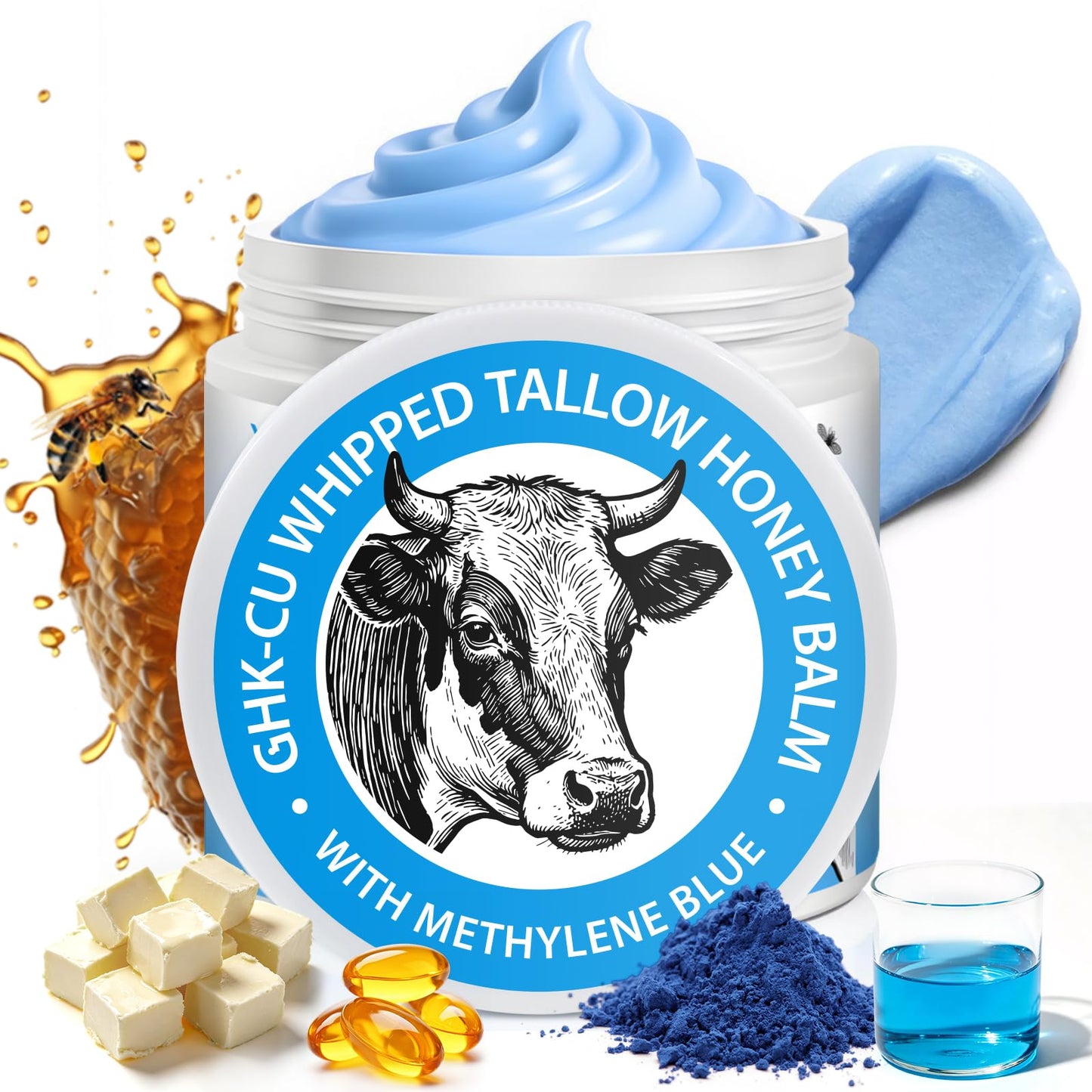 GHK-Cu Peptide Cream for Face, Blue Beef Tallow Moisturizer with Copper Peptides, Methylene Blue, Manuka Honey & Vitamin E – Anti-Aging Firming Repair, Gentle & Safe for Dry Sensitive Mature Skin