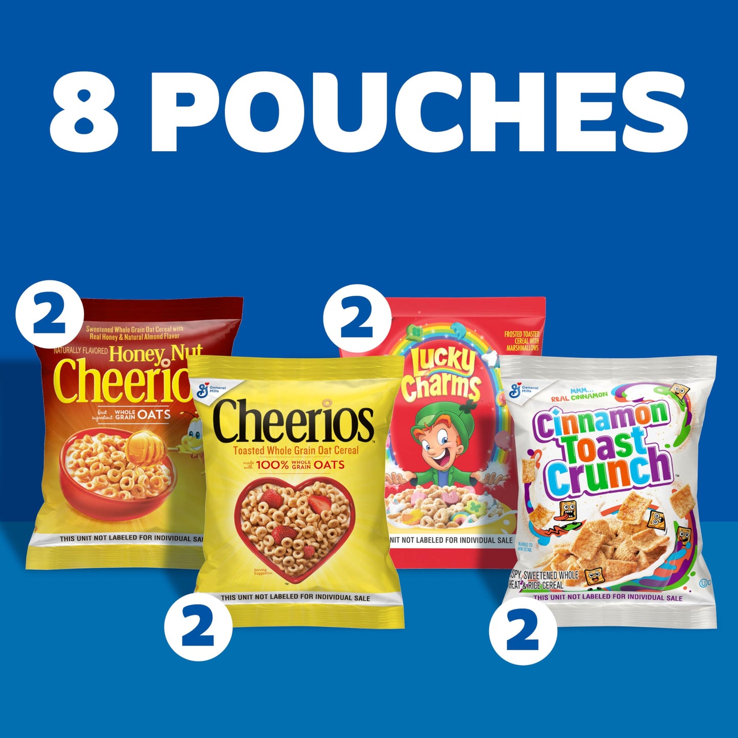 Breakfast Cereal Variety Pack, Lucky Charms, Cinnamon Toast Crunch, Cheerios, and Honey Nut Cheerios, 8 Pouches, 9.14 oz