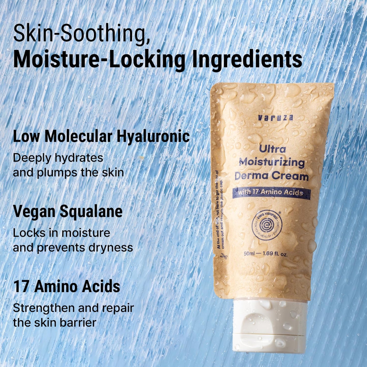 varuza Ultra Moisturizing Derma Facial Cream with 17 Amino Acids Vegan Nano Liposome Cream Low Molecular Weight Hyaluronic Acid Oil Free