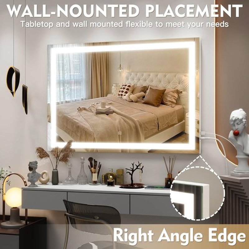 ROLOVE Vanity Mirror with Lights, 32" x 22" Large Lighted Vanity Mirror with Dimmable 3 Modes, LED Makeup Mirror, 10X Magnification, USB Charging Port, Tabletop or Wall-Mounted Square White