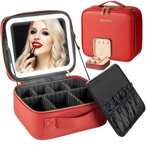 Seoneiro Makeup Travel Bag with LED Lighted Mirror Adjustable Brightness Portable Waterproof Makeup Case with Adjustable Dividers, Make up Train Case Organizer Makeup Brush Accessories and Tool Case