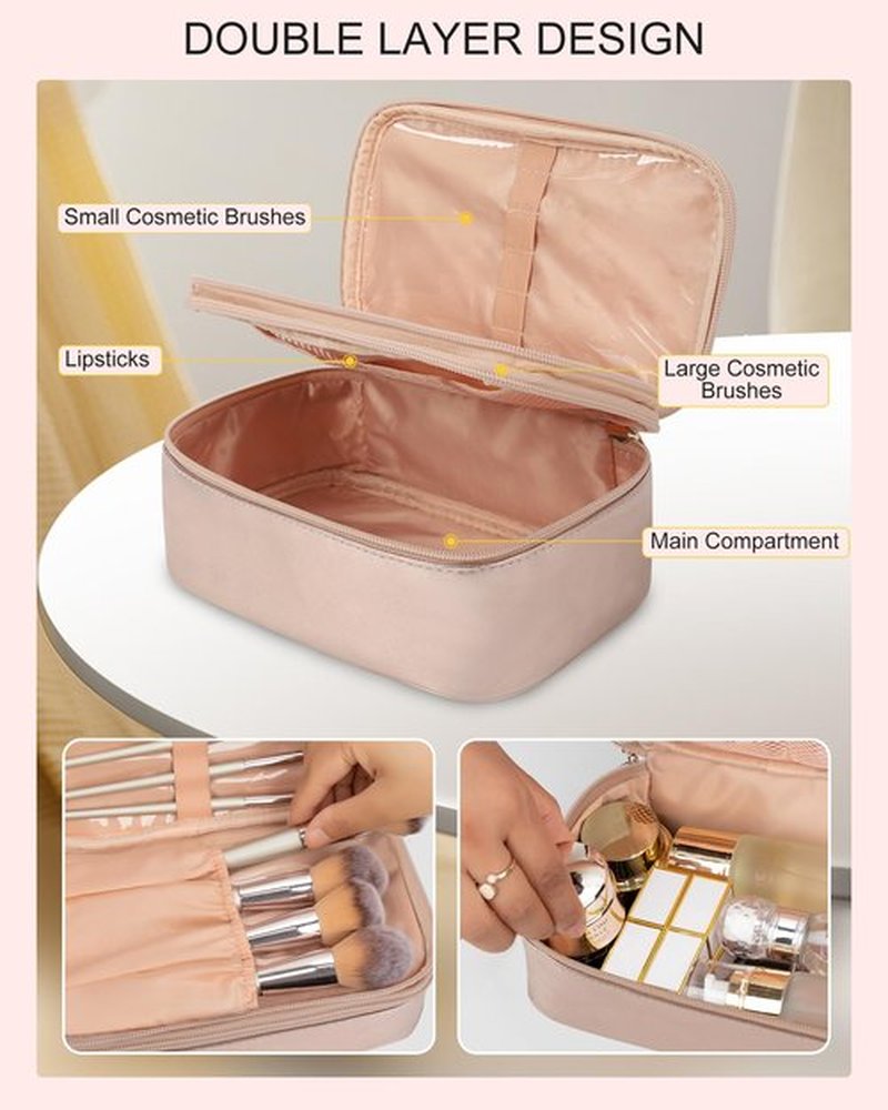 Relavel Makeup Bag, Small Travel Makeup Bag, Portable Cosmetic Case for Women, Double-layer Makeup Organizer Bag, Toiletry Bag for Women for Mother's Day (Rose Gold)