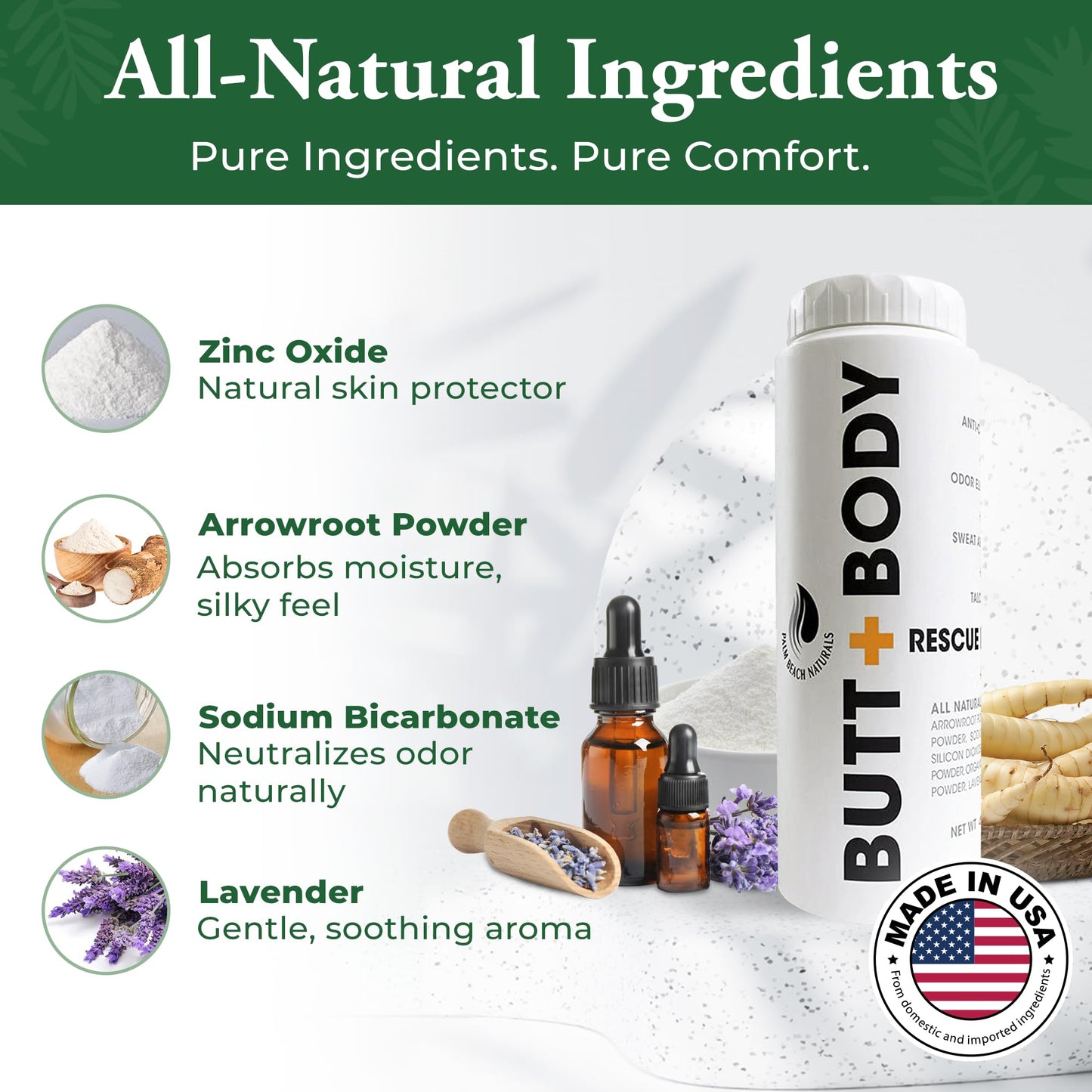Palm Beach Naturals Butt & Body Rescue Powder for Men & Women – Whole Body Deodorant Absorbs Sweat, Controls Odor & Chafing with Cooling Sensation – Naturally Protects Skin, Talc Free – 4oz