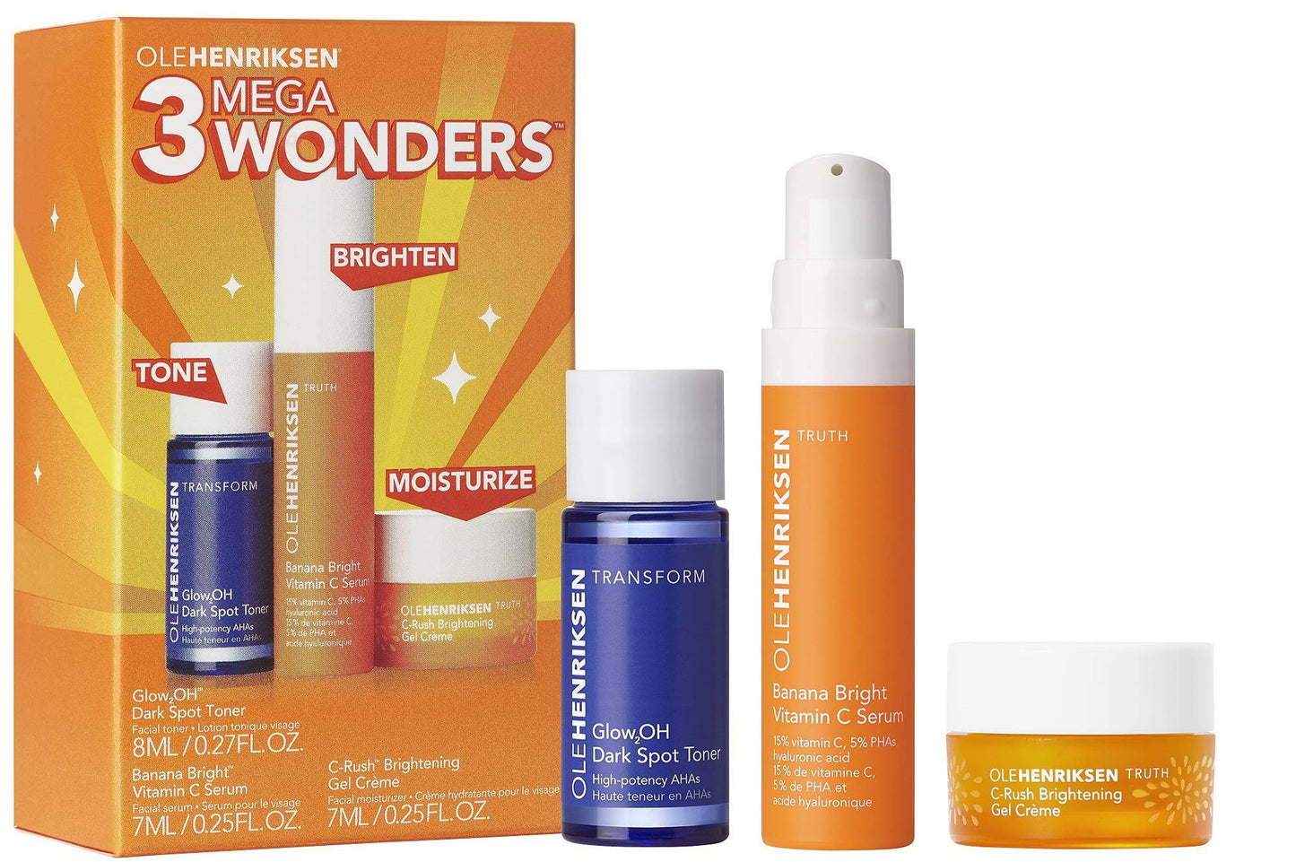 Ole Henriksen Mini 3 Mega Wonders - Banana Bright Vitamin C Serum, Glow2OH Dark Spot Toner, C-Rush Brightening Gel Cream