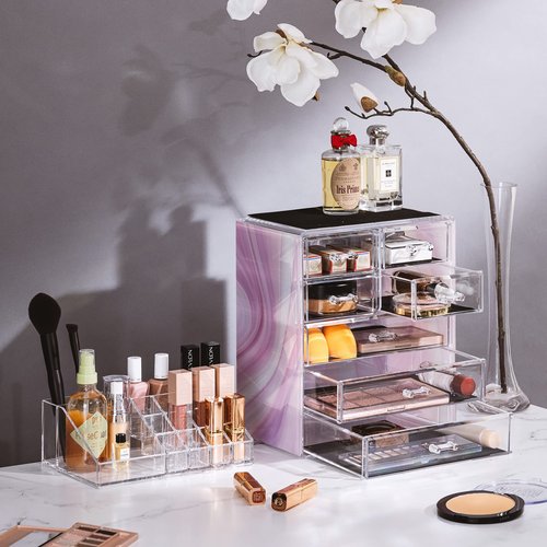 Sorbus Clear Cosmetic Makeup Organizer - Make Up & Jewelry Storage, Case & Display - Spacious Design - Great for Dresser, Bathroom, Vanity & Countertop (3 Large, 4 Small Drawers) [Tie Dye Print]