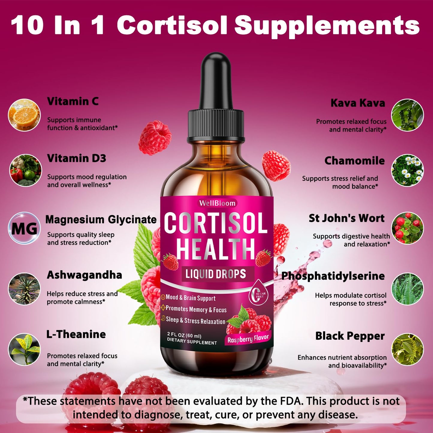 Cortisol Reducer for Women & Men with Magnesium Glycinate, Ashwagandha, L-Theanine - Supports Stress Relief, Sleep & Heart Health, Nerves, Muscles - 2 Fl Oz