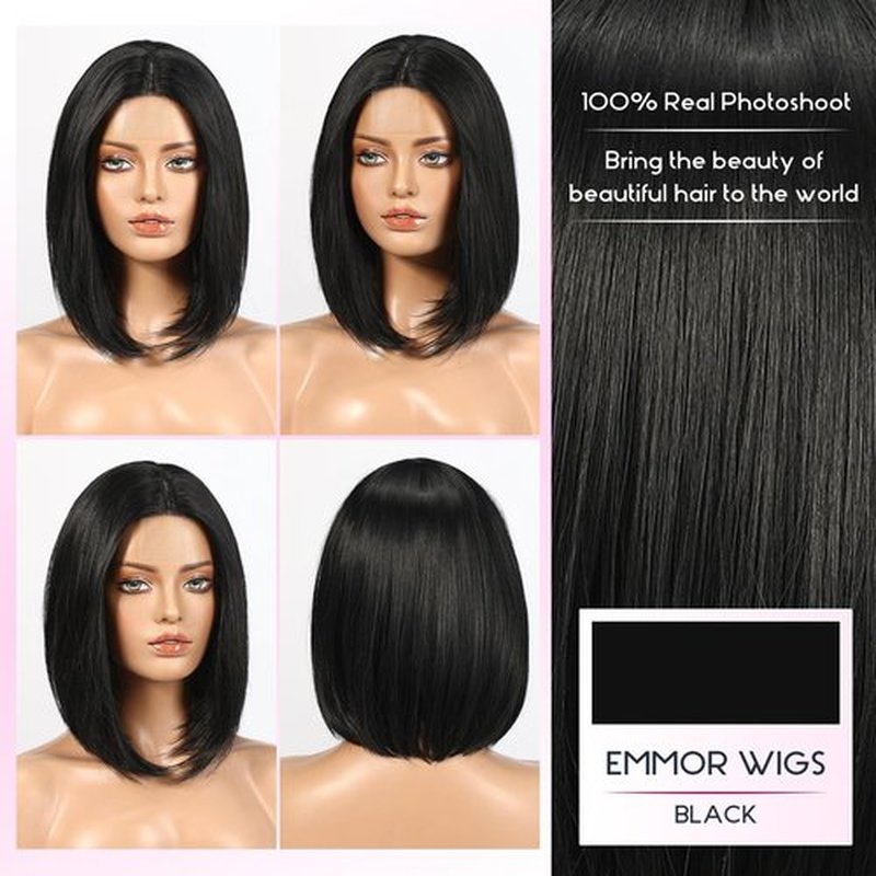 EMMOR Short Bob Wigs,Natural Shoulder Length Central Lace Bob Wgs, Premium Heat-Resistant Synthetic Straight Wigs for Women Daily Use(Black)