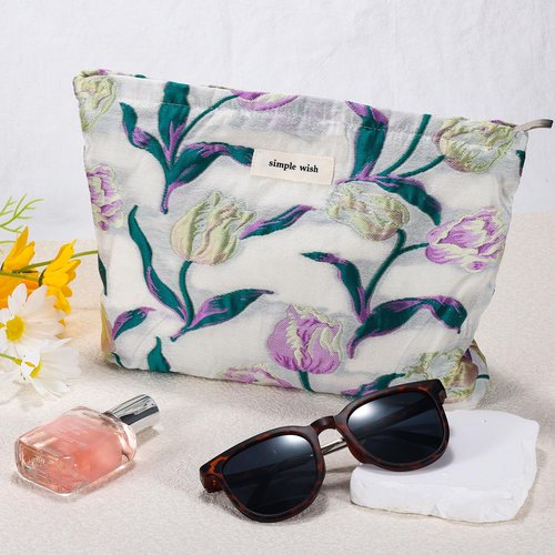 ZLFSRQ Tulip Makeup Bag Travel Cute Purple Flower Floral Cosmetic Bags for Women Large Embroidery Makeup Pouch Zipper Cosmetic Pouch for Purse Aesthetic Makeup Organizer Bag Portable Toiletry Bag