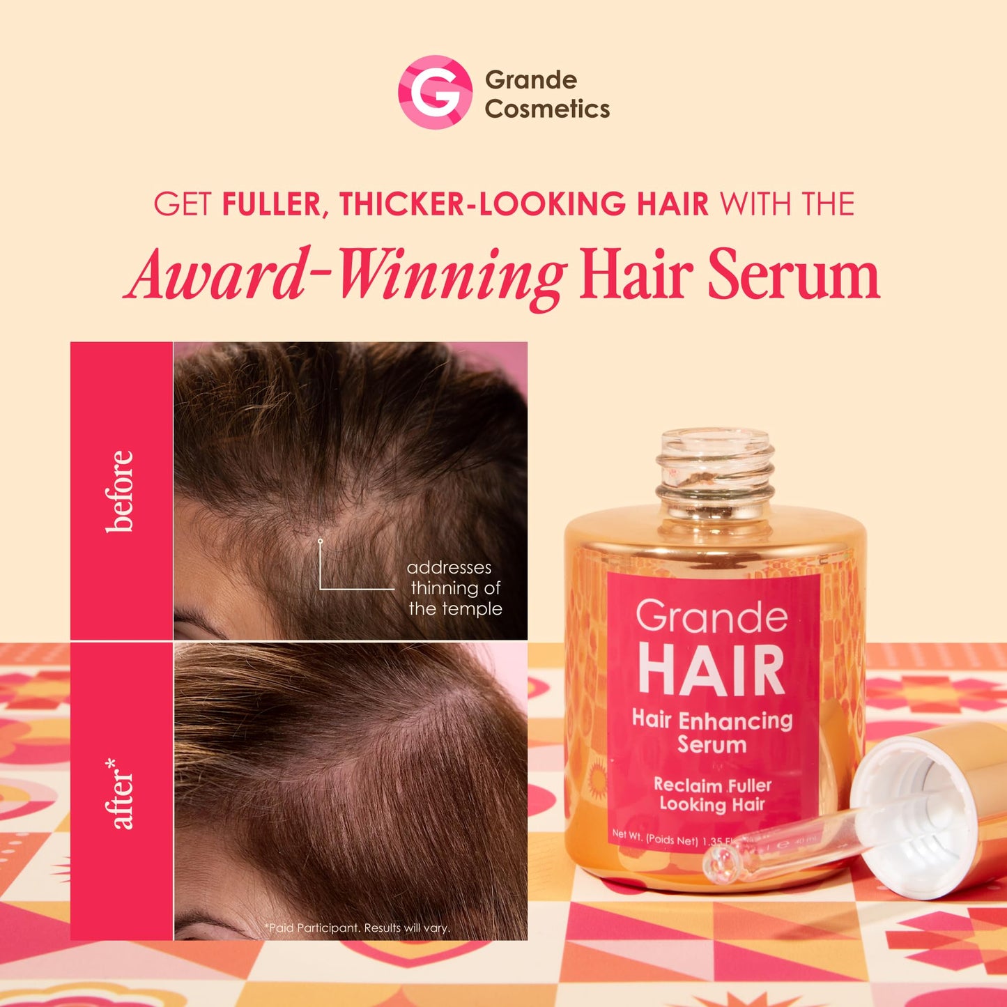 Grande Cosmetics GrandeHAIR Enhancing Hair Serum - for Men & Women, for Fuller & Thicker-Looking Hair in 8 weeks, Safe for Color-Treated Hair (40 mL)