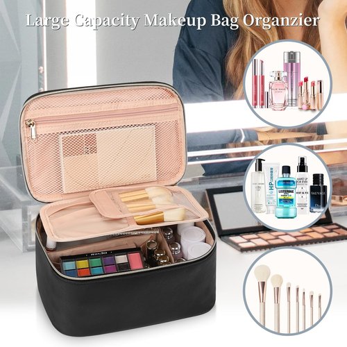 OCHEAL Makeup Bag, Travel Makeup Bag Organizer with Brush Compatrment Large Cute Cosmetic Toiletry Bag for Women and Girls Traveling Skincare or Makeup Essentials Storage Case -Black