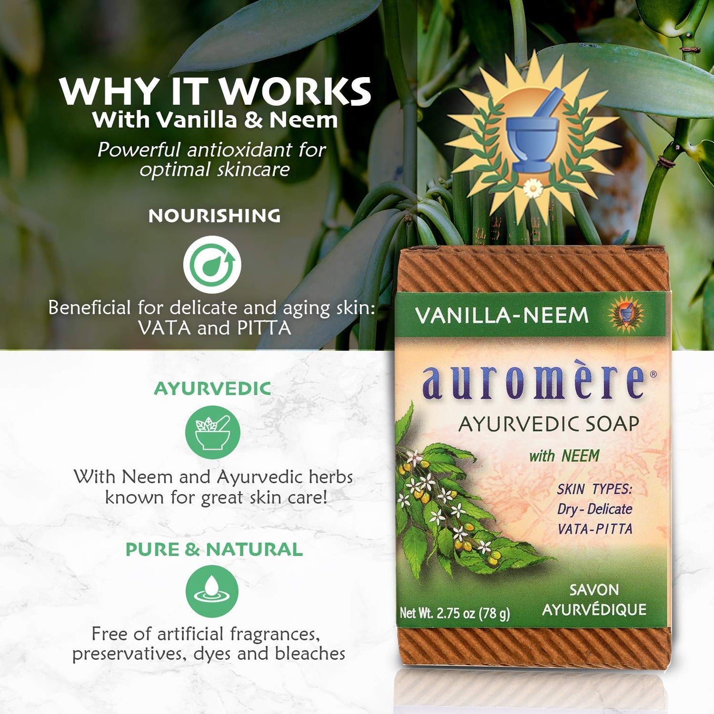 Auromere Ayurvedic Bar Soap, Vanilla Neem - Eco Friendly, Handmade, Vegan, Cruelty Free, Natural, Non GMO (2.75 oz), 2 pack