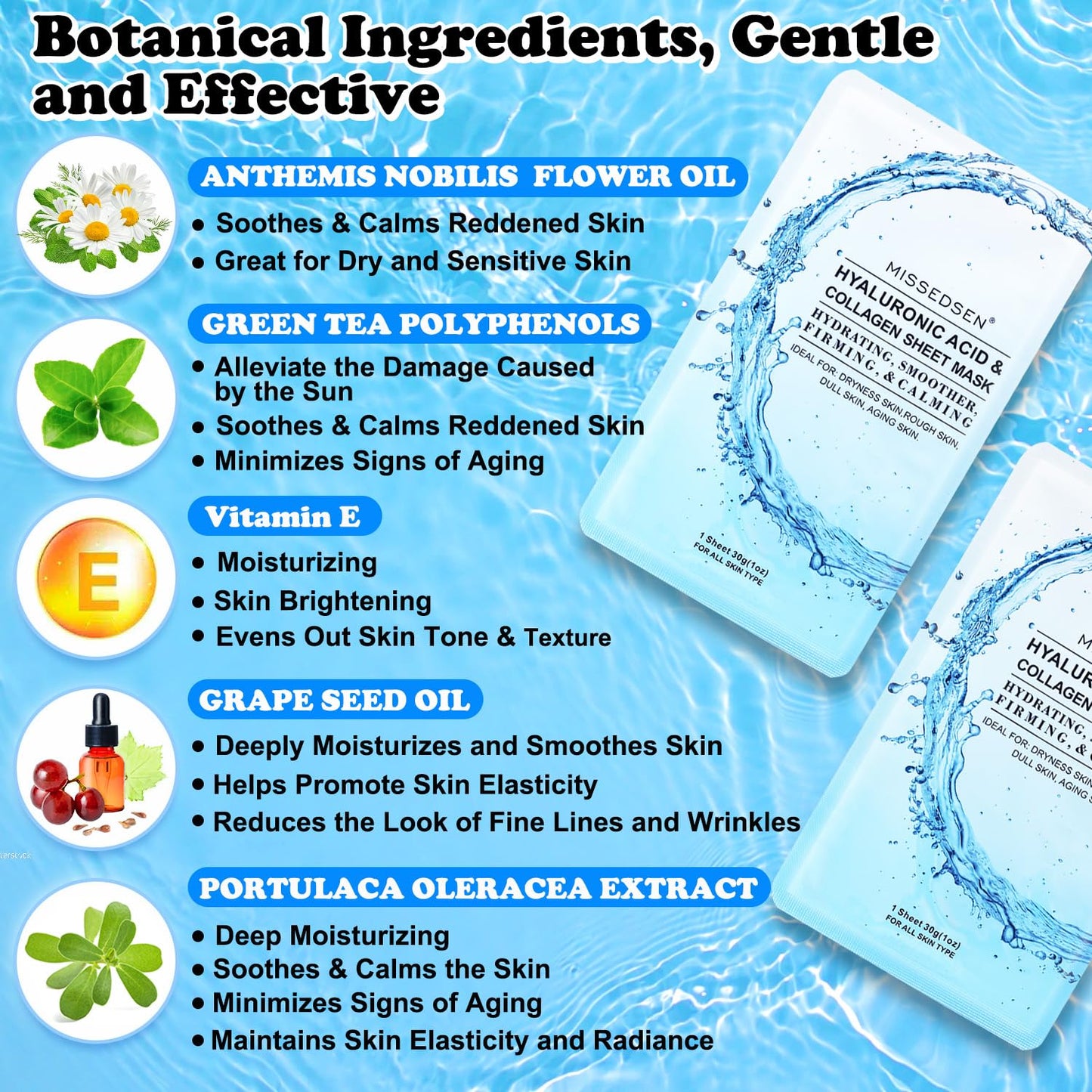 MISSEDSEN Collagen Face Mask with Hyaluronic Acid, Vitamin E Oil for Skin Care Hydrating, Moisturizing, Brightening & Anti Aging Face Masks Skincare for Oil, Dry, Acne, Sensitive All Skin Types 12PCS
