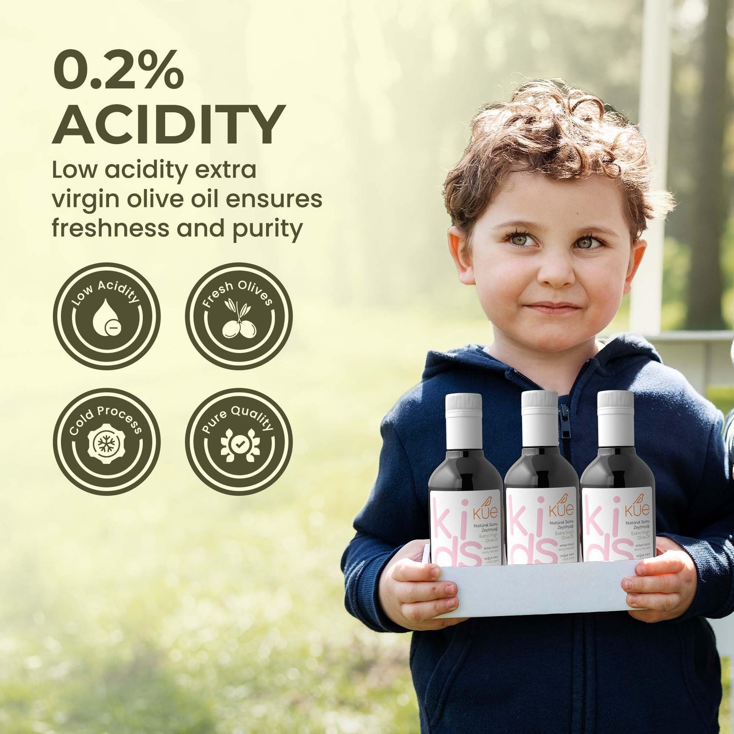 Kue Kids Extra Virgin Olive Oil, 8.45 fl oz - Cold Pressed Early Harvest EVOO, High Polyphenol Olive Oil for Kids & Baby Food, 14kg Olives Per Liter, 0.2% Acidity, Pure Olive Oil (250 ml)
