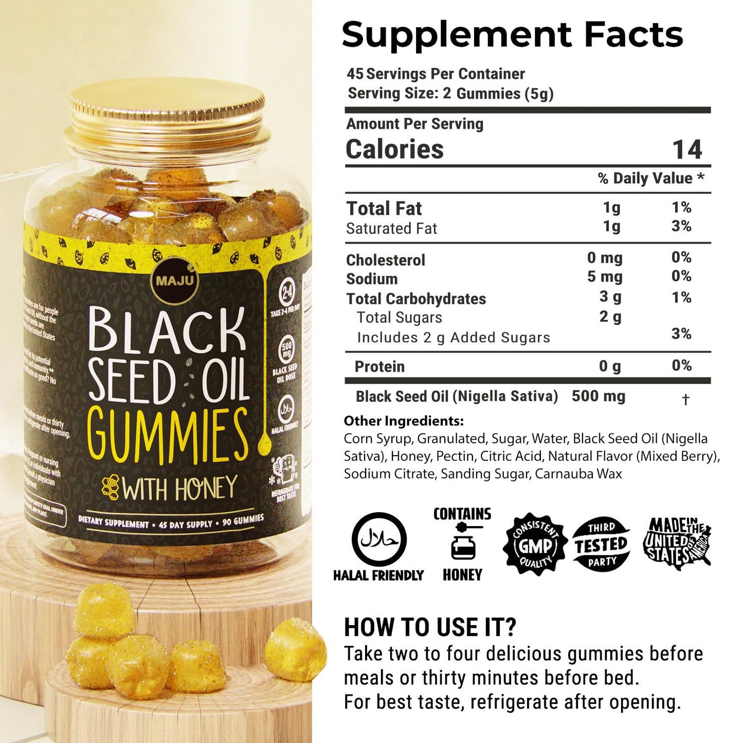 MAJU's Black Seed Oil Gummies with Honey 90ct, 500mg BSO Gummy, Black Cumin Seed Nigella Sativa Oil, Cold-Pressed, Potent Formula, 90ct