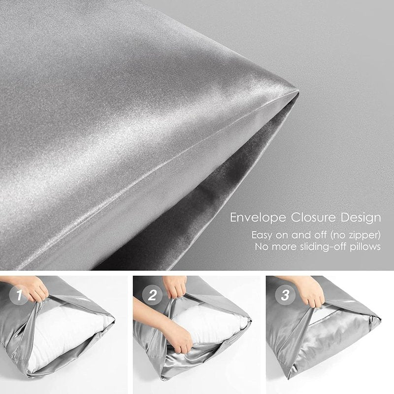 Satin Pillowcase Set for Hair & Skin | Vegan Silk Luxury Sleep Set - 2 Pillowcases, Eye Mask & Scrunchie in Silver Gray