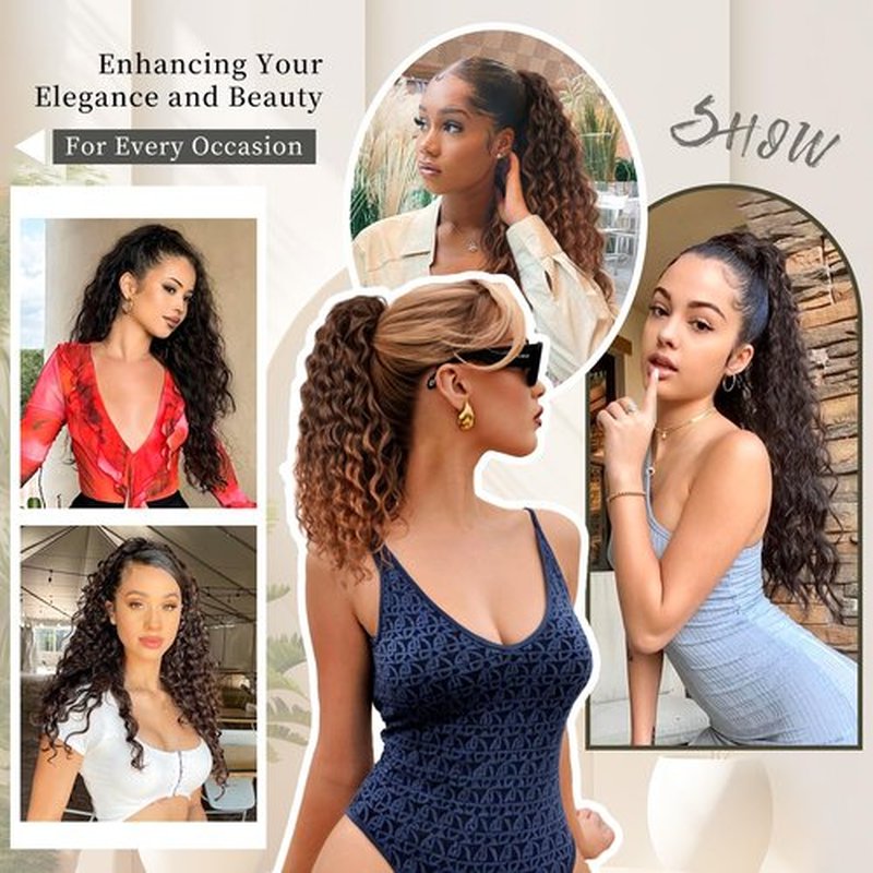 HMD Curly Ponytail Extension Drawstring Ponytail for Black Women Black with Ginger Curly Clip in Hair Extensions 18 Inch Ponytail Extension Synthetic Hairpiece for Daily Party(1BH27)