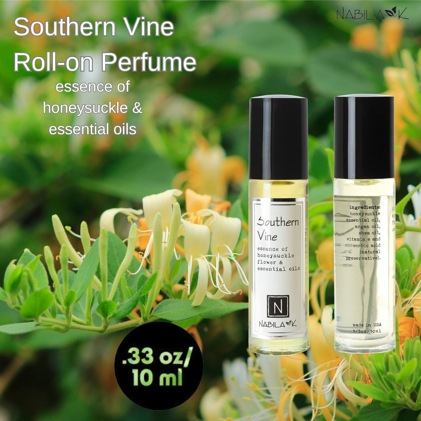 Nabila K Southern Vine Honeysuckle Roll-On Perfume Oil for Women | Alcohol-Free, Organic, Long-Lasting Fragrance | Travel Size, TSA Approved | 0.33 oz