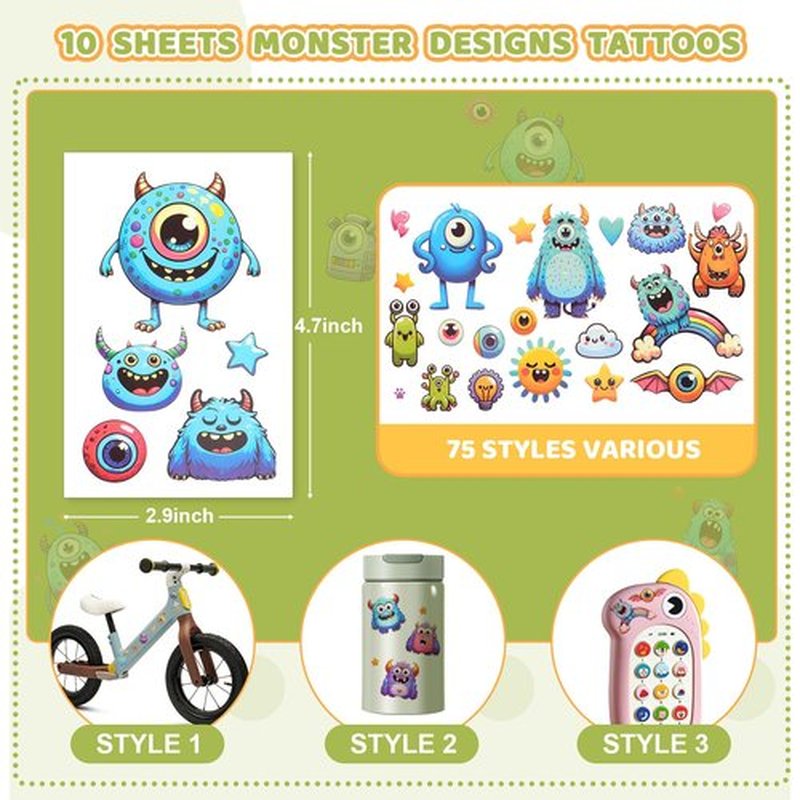 Yocieco Tattoos for Kids - 10 Sheets Cute Monster Temporary Tattoo, Waterproof Fake Stickers for Arm, Shoulder, Perfect for Boys Birthday Party Supplies