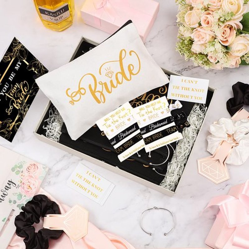 63 Pcs Bridesmaid Proposal Gifts Bulk Maid of Honor Gifts Matron of Honor Gifts Brides Bridesmaid Cosmetic Makeup Bag Hair Knotted Bracelets Invitation Cards for Wedding Bachelorette (Dark Style)