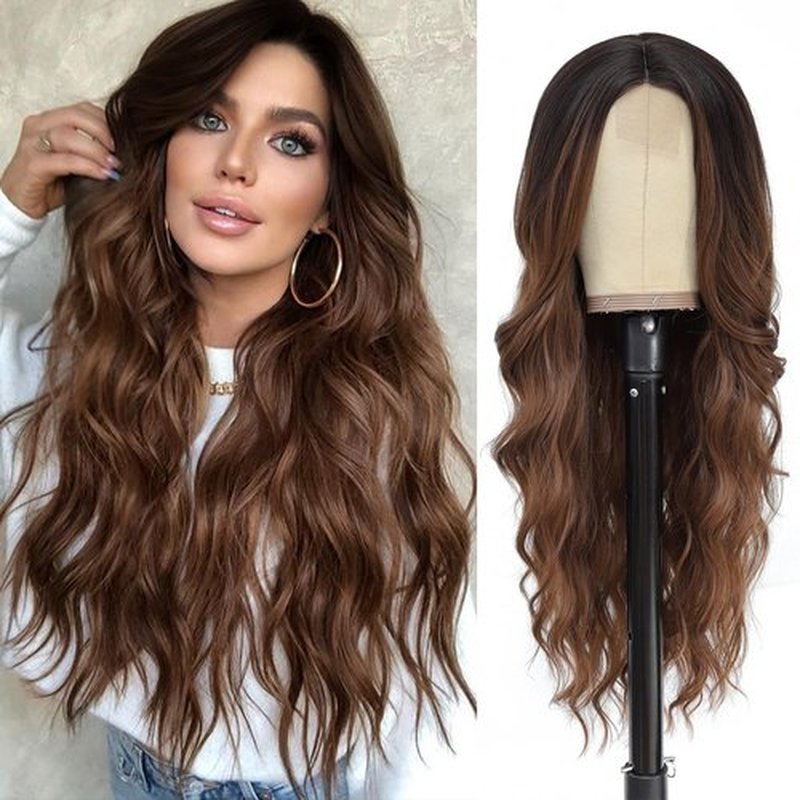NAYOO Ombre Brown Wig 26 Inch Middle Part Wigs for Women Synthetic Hair Long Wavy Wig with Dark Roots for Daily Party/Halloween Use (Ombre Brown)