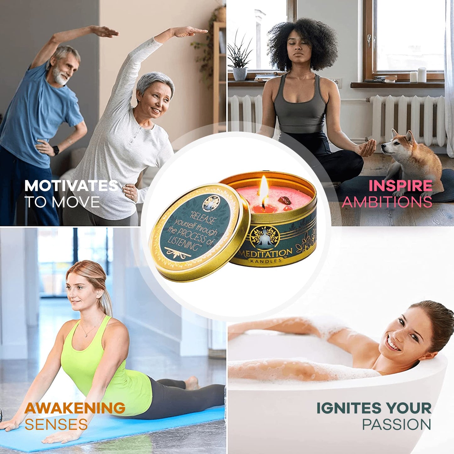 Meditation Candles with Crystals | Natural Aromatherapy Candles for Relaxation & Healing | Stress Relief Candles for Yoga, Meditation & Self Care | 5oz Each 4 Pack Gift Set