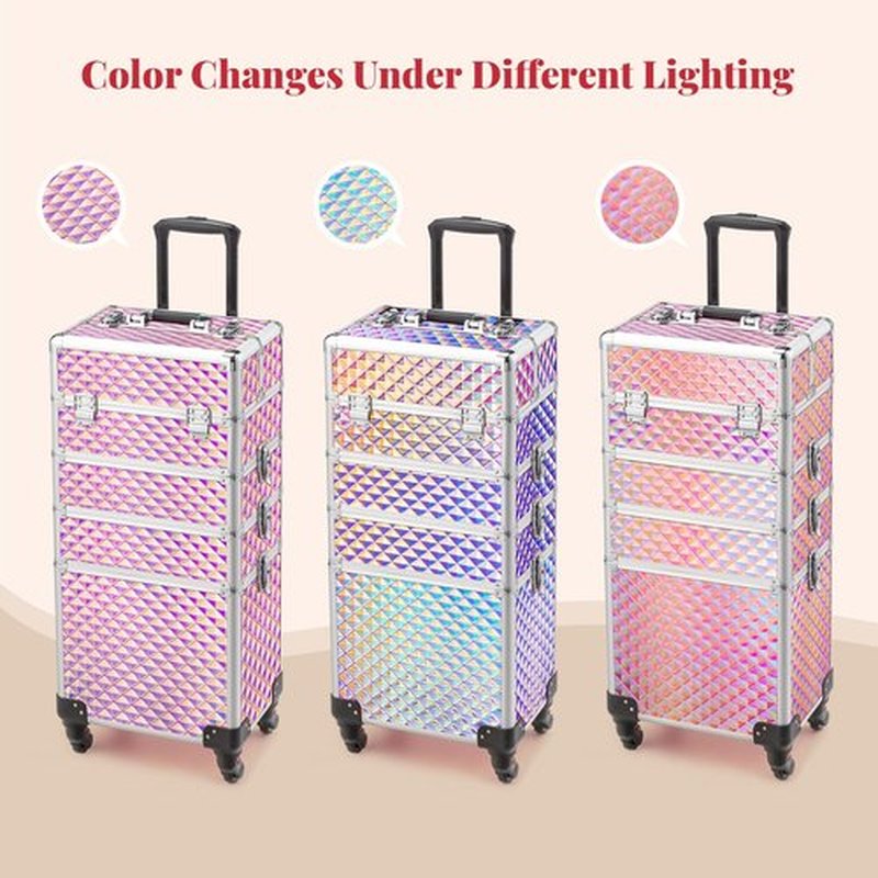 mefeir 4-in-1 Rolling Makeup Train Case Lift Handle,4 Removable Wheels Lockable Keys,Aluminum Cosmetic Trolley Beauty Stylist Artist Organizer Box,Ideal Xmas New Year Gift (Diamond Pink)