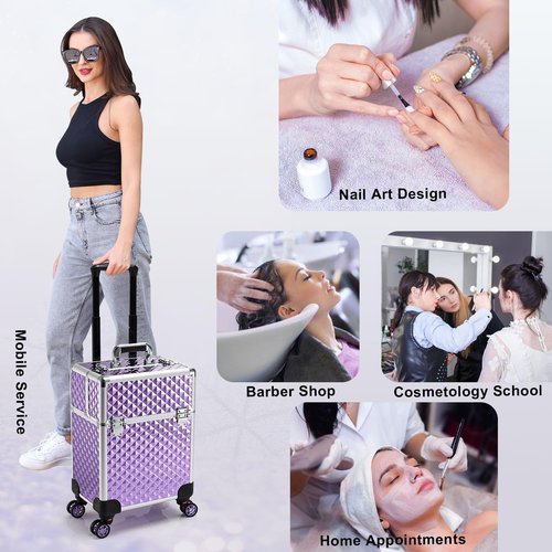 Stagiant Aluminum Rolling Makeup Train Case Large Organizer Cosmetic Trolley 4 Tray Sliding Rail Removable Middle Layer with Key Spinner Wheels Salon Barber Storage Case - Purple Diamond