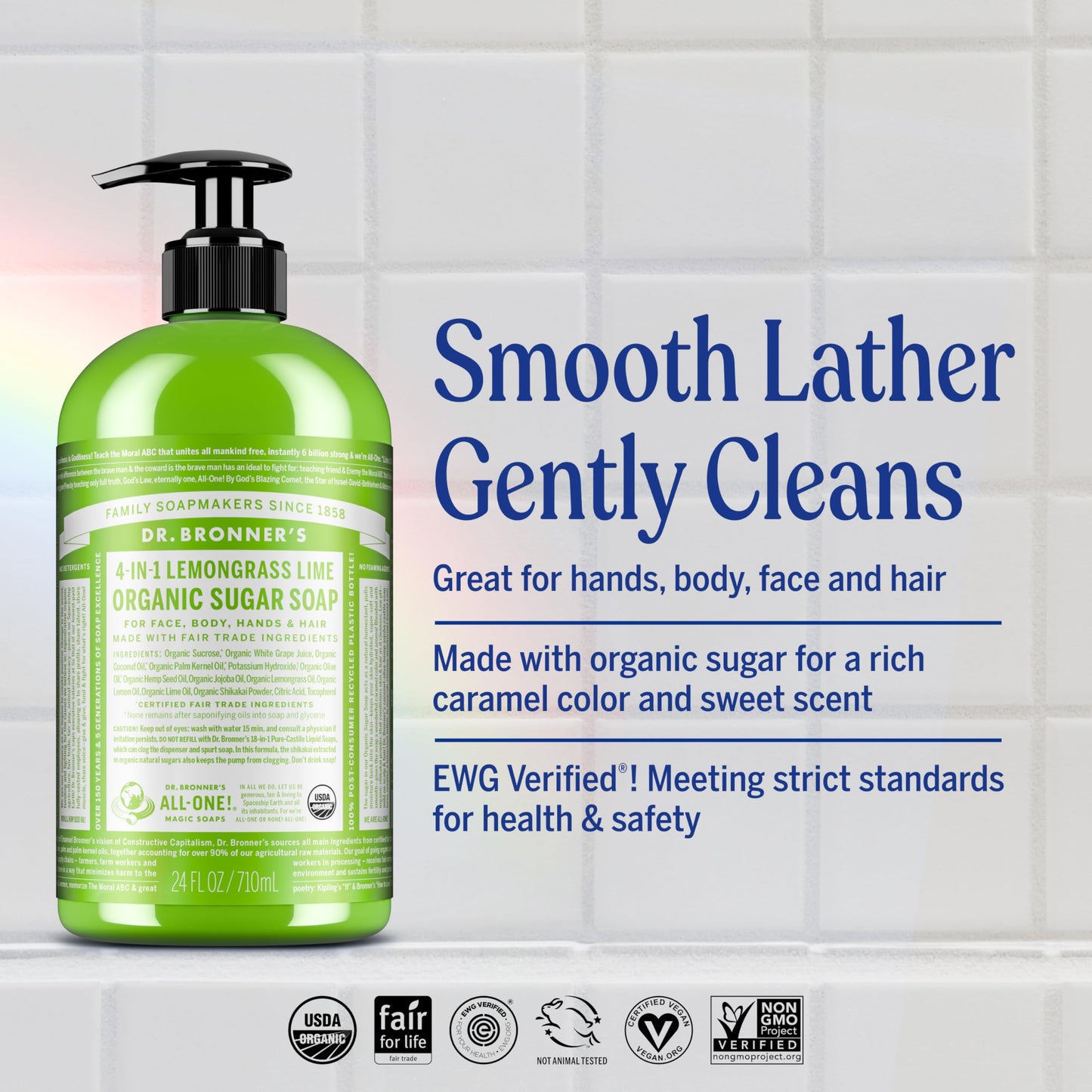 Dr. Bronner's Organic Sugar Soap (Lemongrass, 12 Ounce) - Made with Regenerative Certified Organic Oils, Sugar & Shikakai Powder, 4-in-1 Use: Hands, Body, Face and Hair- Liquid Soap, Nourishes