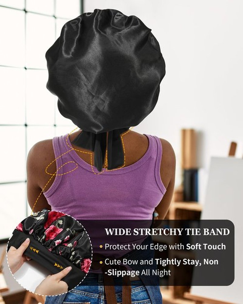 Satin Bonnet for Women Silk Bonnets for Sleeping Curly Hair Bonnet with Elastic Tie Band Reversible Double Layer Sleep Cap Hair Wrap (Black + Red Flower)