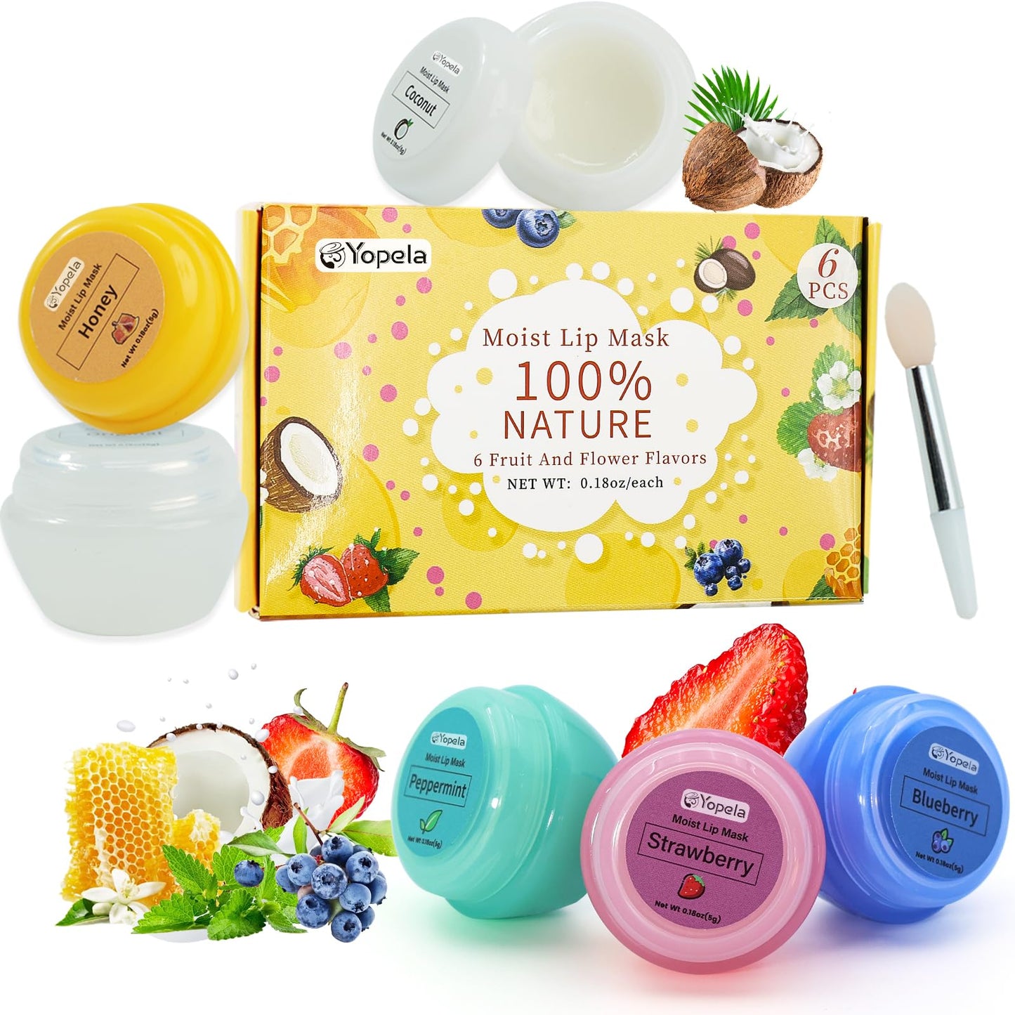 6 Pack Cute Lip Mask Sleeping Overnight for Dry Lips with Coconut Oil and Beeswax -Smoothing Hydrating Softening Plumoing Moisturizing with Small Lip Brush 6 Flavors Valentine's Gift for Women 0.18 Oz