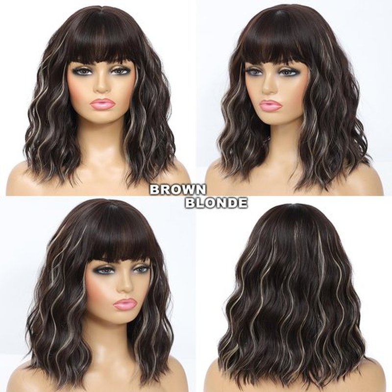 Amarlis Blonde Highlight Wigs for Women, 14 Inch Brown Mix Blonde Wavy Bob Wig with Bangs, Natural Looking Soft Heat Resistant Synthetic Wig for Daily Party Use
