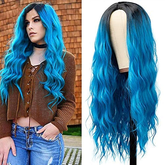 Kaneles Blue Wigs for Women Ombre Long Blue Fluffy Curly Wavy Colorful Wigs for Daily Party Cosplay