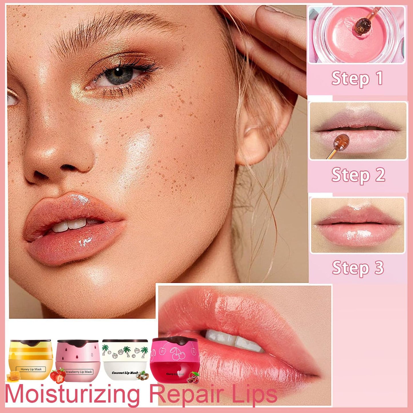 TIRDET 4 PCS Bee Lip Balm Honey Pot, Honey Strawberry Cherry Coconut Sleeping Lip Mask Overnight with Sticks, Exfoliating Prevention Dry and Crack Lip Scrubs