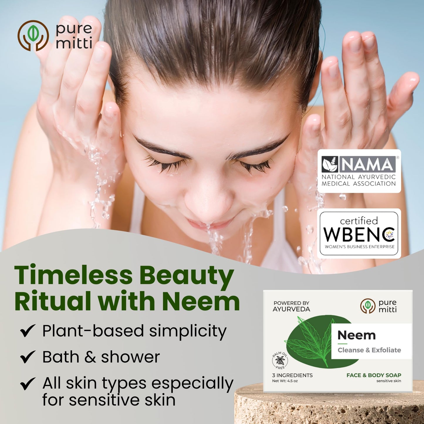 Pure Mitti Neem Soap Bars [4.5 oz x 3 Pcs.] Organic Ayurvedic Soap for Face & Body with Neem, Castor Oil & Coconut Oil – Cold Process, Plastic-Free, Herbal Cleansing