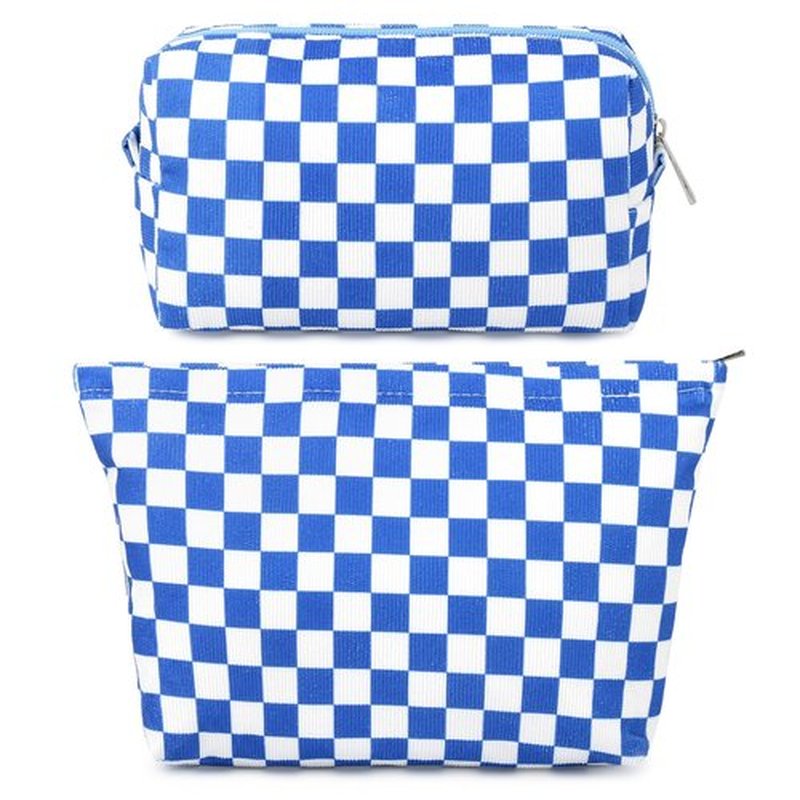 SOIDRAM 2 Pcs Checkered Makeup Bag Large Cosmetic Bag Toiletry Bag Makeup Pouch Travel Bag Organizer Cute Makeup Brushes Aesthetic Accessories Storage Bag for Women Royal Blue