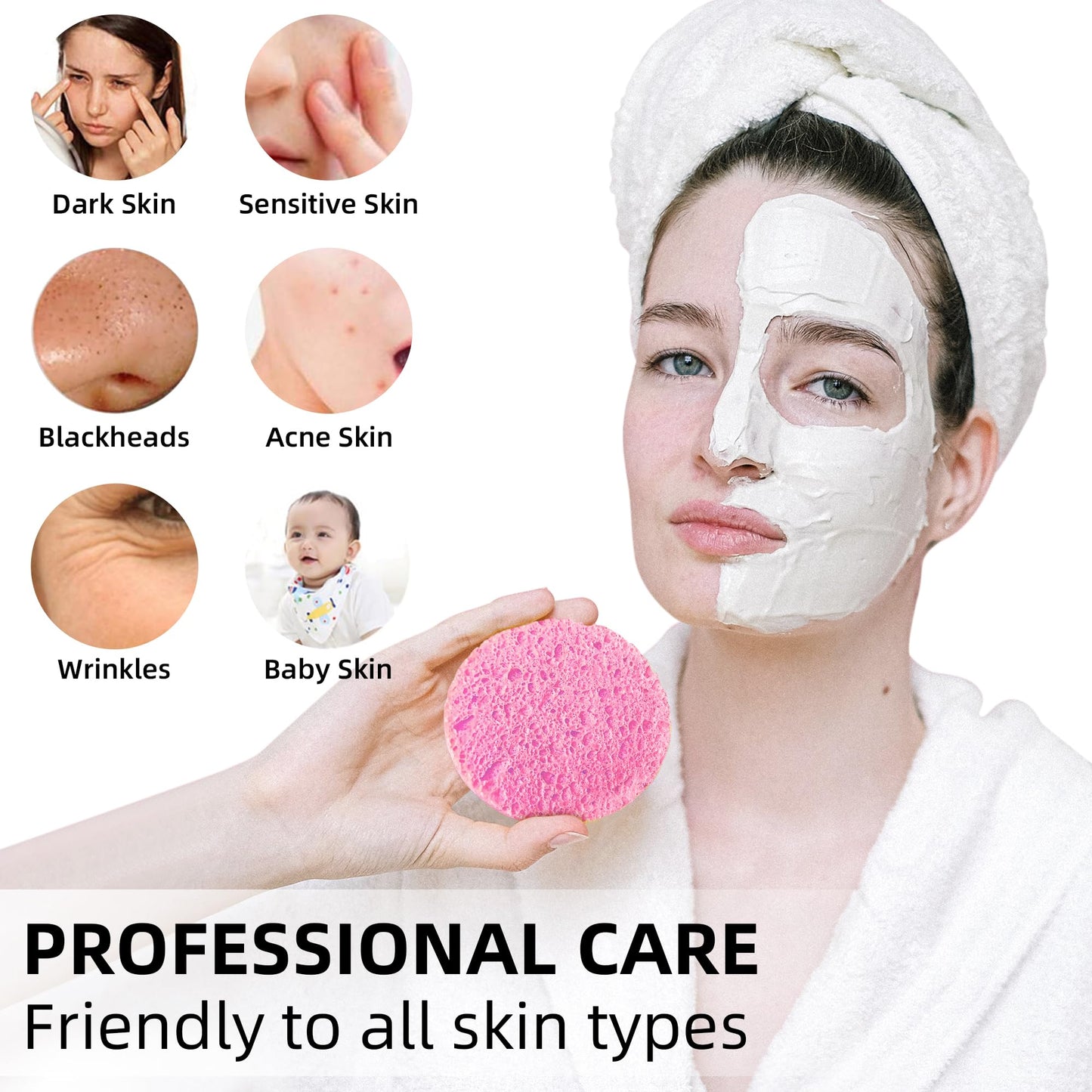 50-Count Compressed Facial Sponges|Kickleen 100% Natural Cellulose Cosmetic Spa Sponges for Daily Facial Cleansing|Makeup and Mask Removal|Exfoliating|Skin Massage|Pore Exfoliation (50 Count (Pink))