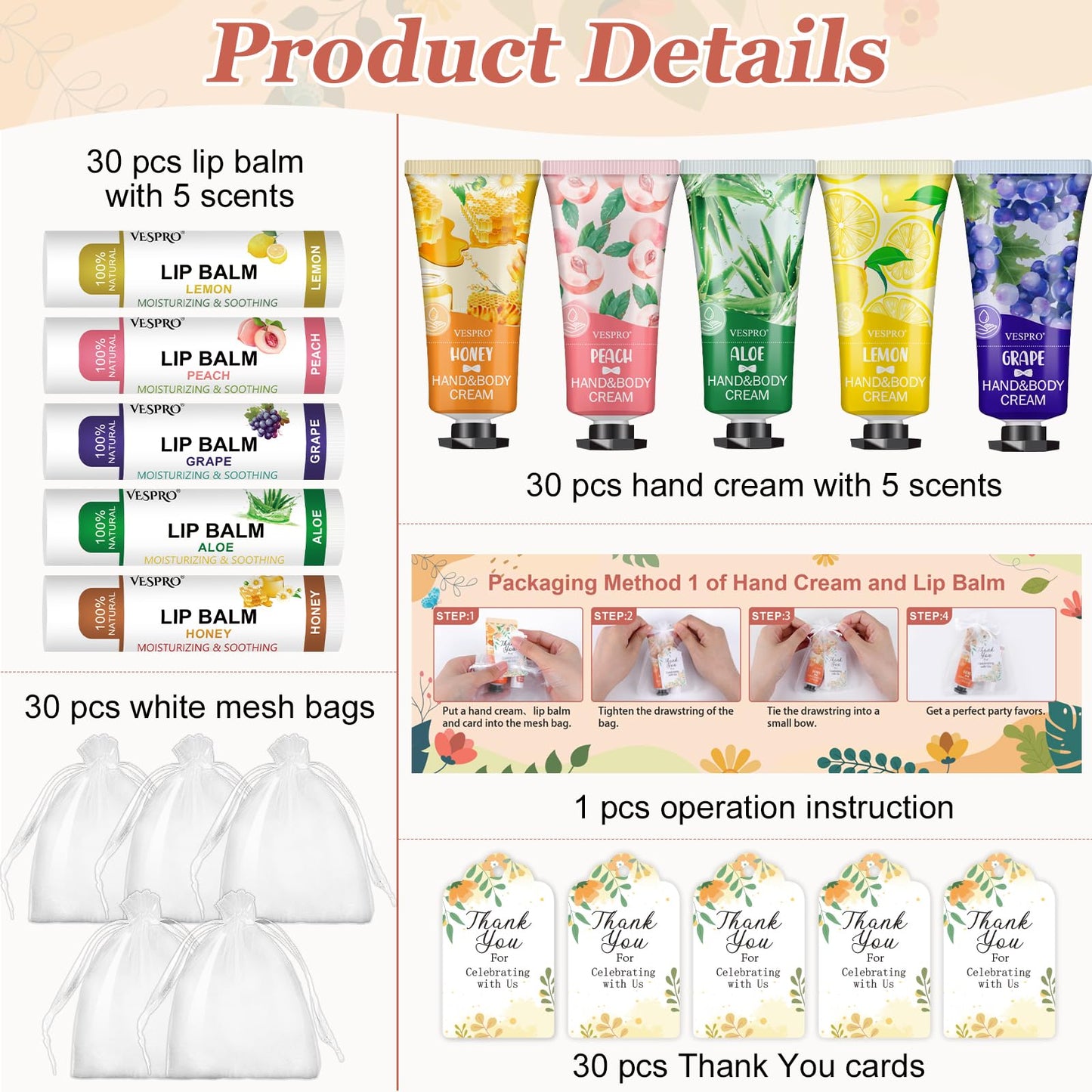 VESPRO 30 Pack Bulk Hand Cream and Bulk Lip Balm Sets, Bridesmaid Gifts, Wedding Favors for Guests with Thank You Card and Organza Bags, Birthday Gift, Teacher Appreciation Gifts and Party Favors