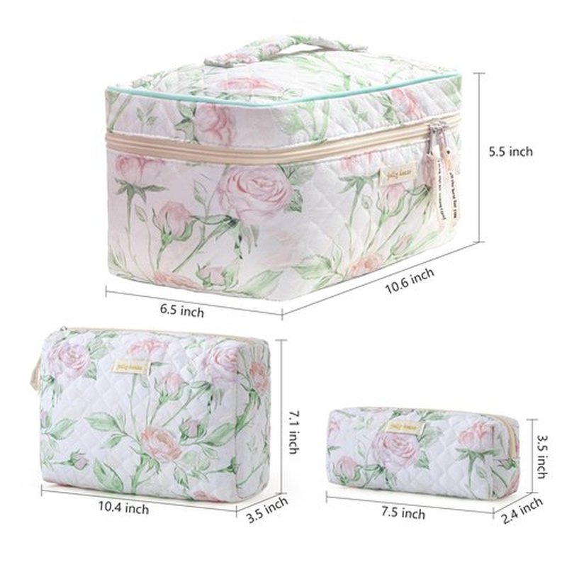 HBselect Quilted Makeup Bag, 3PCS Cotton Large Travel Makeup Bag, Cute Floral Coquette Make up Bag Cosmetic Bag Toiletry Bag for Women Girls