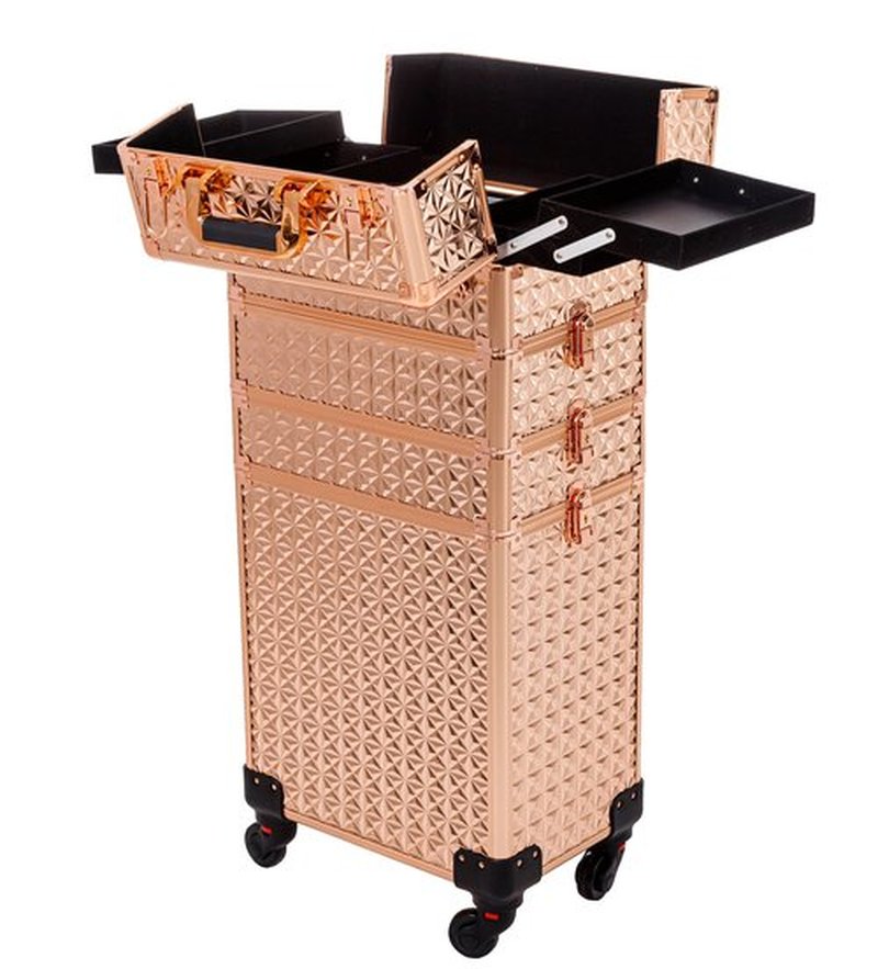 AROUS 5 in 1 Professional Makeup Train Case Aluminum Cosmetic Case Rolling Makeup Case Extra Large Trolley Makeup Travel Organizer, with 360° Swivel Wheels, Gold