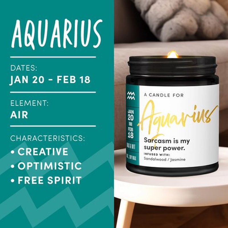 Wax & Wit Aquarius Birthday Candle Set - Zodiac Aquarius Gift, 2-Pack Soy Candles with Keychain, Perfect for January & February Birthdays - 9oz Each
